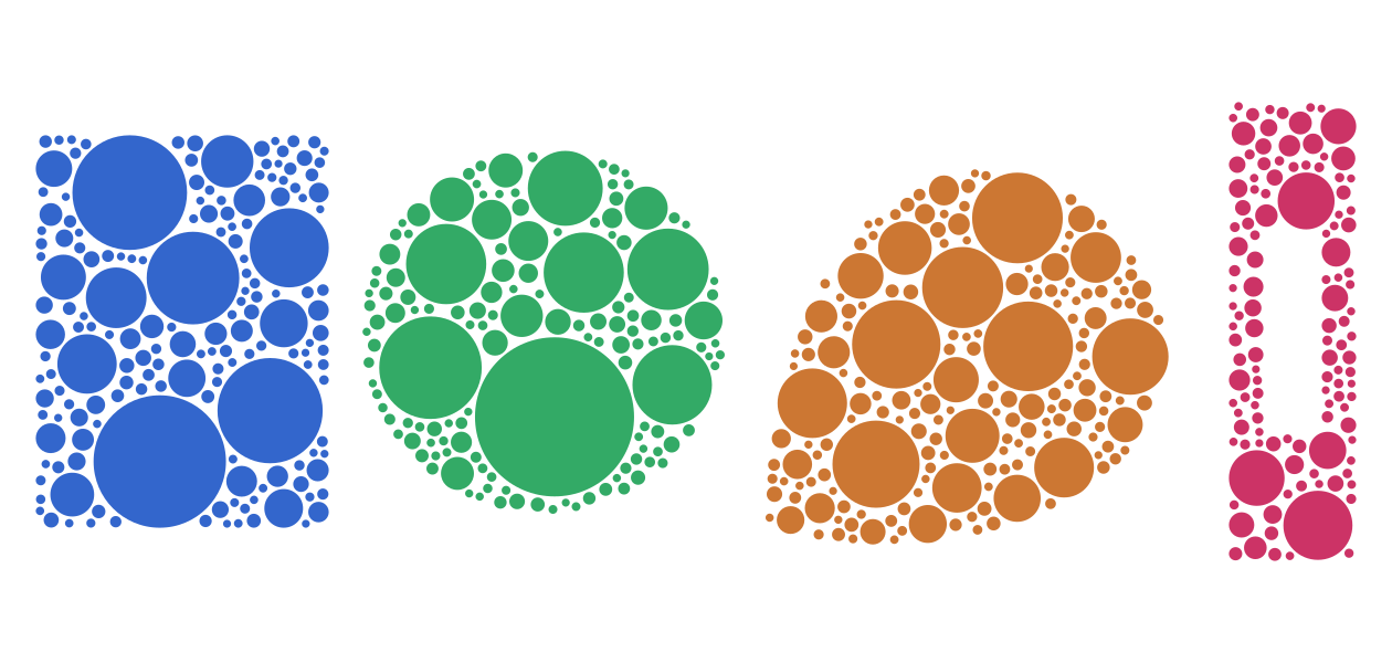 Rectangle, cercle, chemin courbe et cadre troué remplis de cercles non chevauchants de tailles variées, chacun dans la couleur de sa forme source