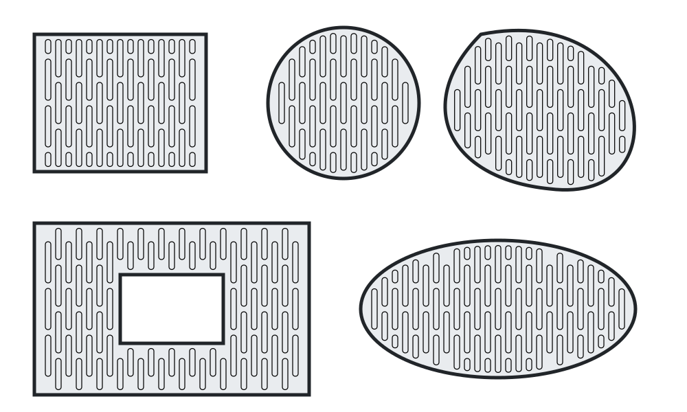 Rectangle, disque, chemin courbe, rectangle troué et ellipse remplis de lumières oblongues en quinconce