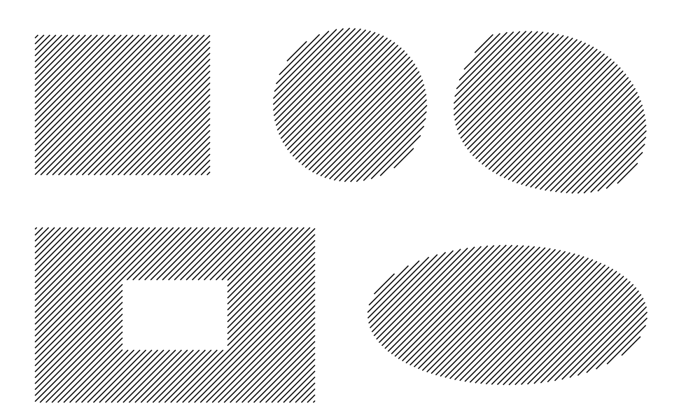 Cinq formes (rectangle, cercle, courbe, forme trouée, ellipse) remplies de hachures à 45° avec un taux de remplissage de 25 %