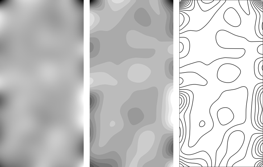 Une image de relief flou, sa découpe en 16 niveaux de gris, et les mêmes 16 niveaux au trait seul