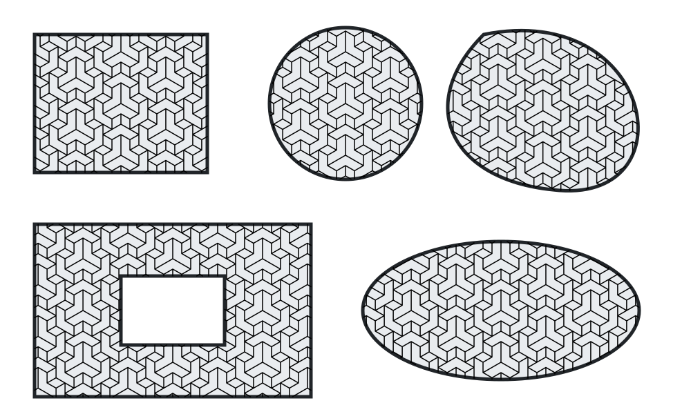 Cinq formes (rectangle, cercle, courbe, rectangle troué, ellipse) remplies par le motif de Y en relief, le trou restant vide