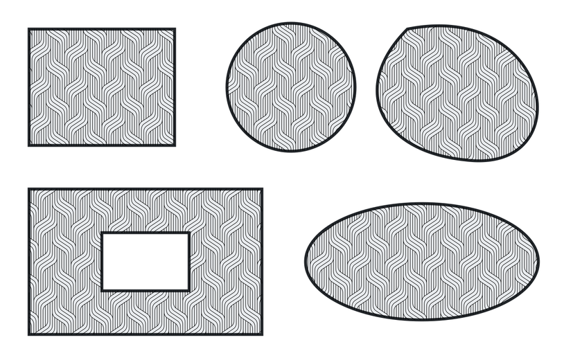 Cinq formes (rectangle, cercle, chemin courbe, rectangle troué, ellipse) remplies du motif de rubans ondulés