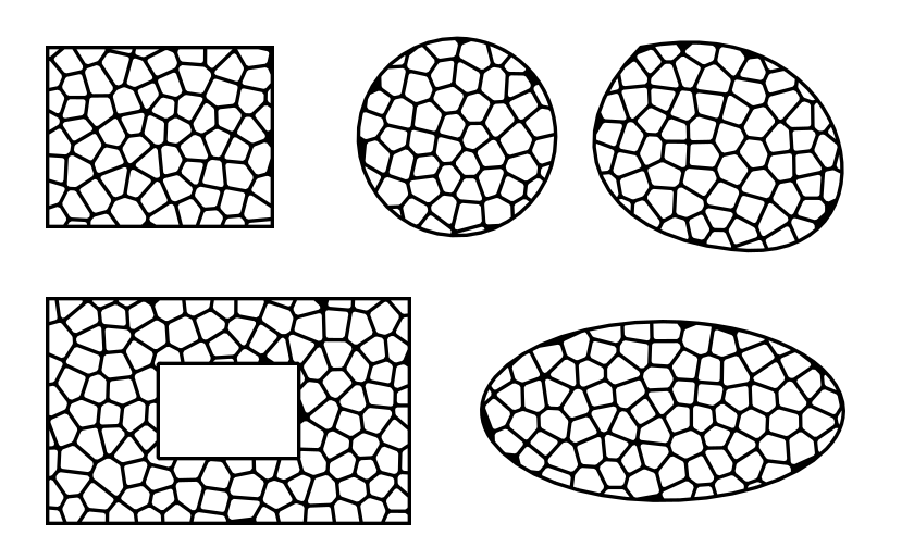 Rectangle, cercle, forme courbe, forme trouée et ellipse remplis d'un motif de Voronoï : cellules blanches séparées par un filet noir de largeur constante, cadre le long du contour